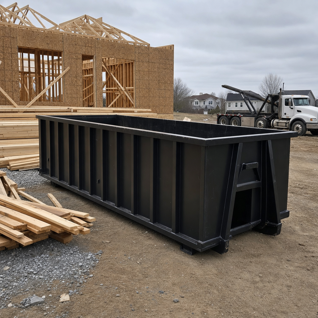 Matte-black 40-yard roll-off dumpster staged on a framed-out residential construction site in Wichita Falls, framing lumber stacked nearby, hooklift delivery truck visible in the background under bright Colorado daylight