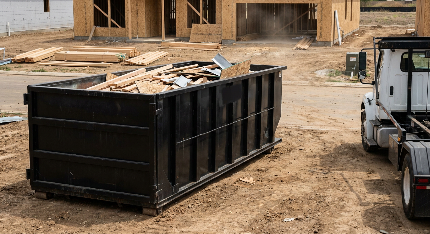 Matte-black 20-yard roll-off construction dumpster with heavy ribbed steel sidewalls and swing rear doors at a working jobsite in Wichita Falls, sitting directly on compacted dirt with an unmarked white hauler partially visible at the far edge of the frame.