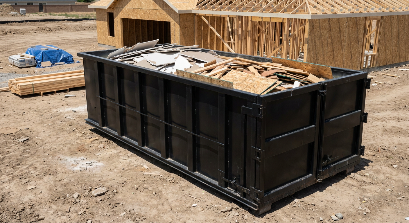 Matte-black 30-yard roll-off construction dumpster sitting directly on the compacted-dirt site of a framed single-family home build in Wichita Falls, drywall and lumber scrap loaded inside.