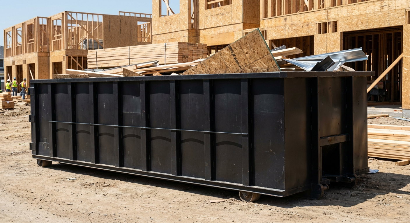 Matte-black 40-yard roll-off construction dumpster being lowered from a white-cab hooklift delivery truck onto the compacted-dirt jobsite at a commercial build site in Wichita Falls