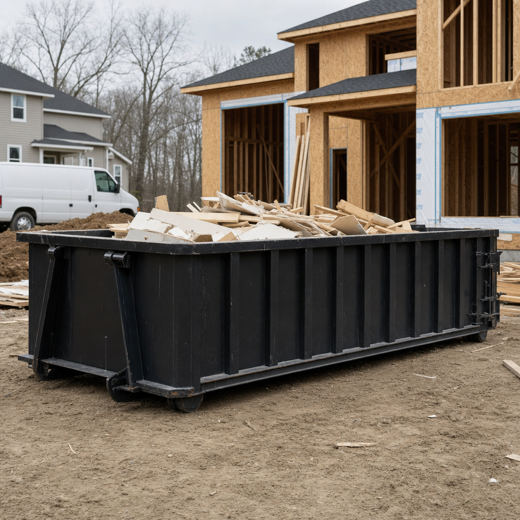 Worker in a yellow high-visibility vest tossing framing lumber and broken drywall into a matte-black 30-yard construction roll-off dumpster on an active build site in Wichita Falls, bright daylight