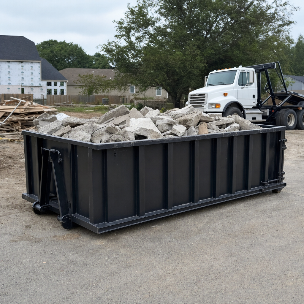 Low-profile matte-black lowboy roll-off dumpster loaded with broken concrete slab and rebar at a foundation tear-out in Wichita Falls, skid steer parked beside it, sunny Colorado morning