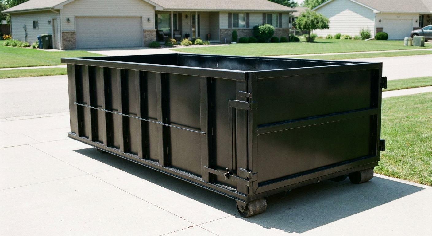 Matte-black 10-yard roll-off dumpster on a residential concrete driveway in Wichita Falls, uniformly painted matte black across every panel and rail, ribbed steel sidewalls and rear swing door visible, mid-day daylight.