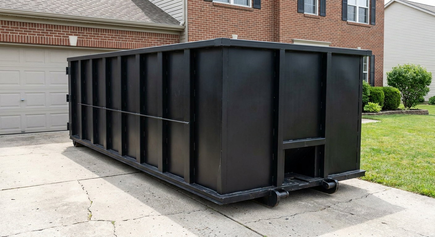 Matte-black 20-yard roll-off container on a Wichita Falls residential concrete driveway with reinforced ribbed steel sidewalls and a hinged rear walk-in door, clean bright daylight.