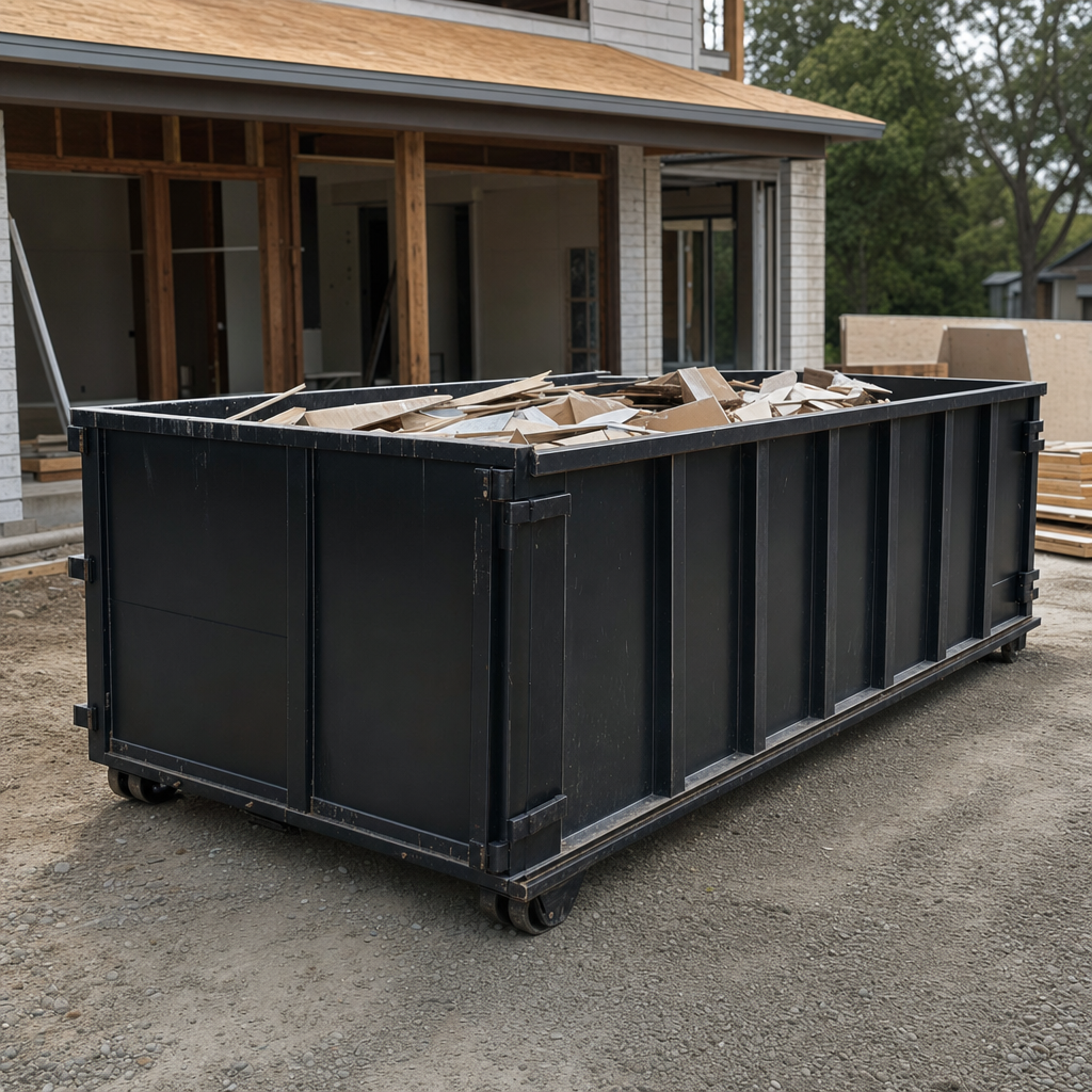 Large matte-black 30-yard construction roll-off dumpster at an active Wichita Falls jobsite, steel-gray top rails and bottom rollers visible, loaded with construction debris.