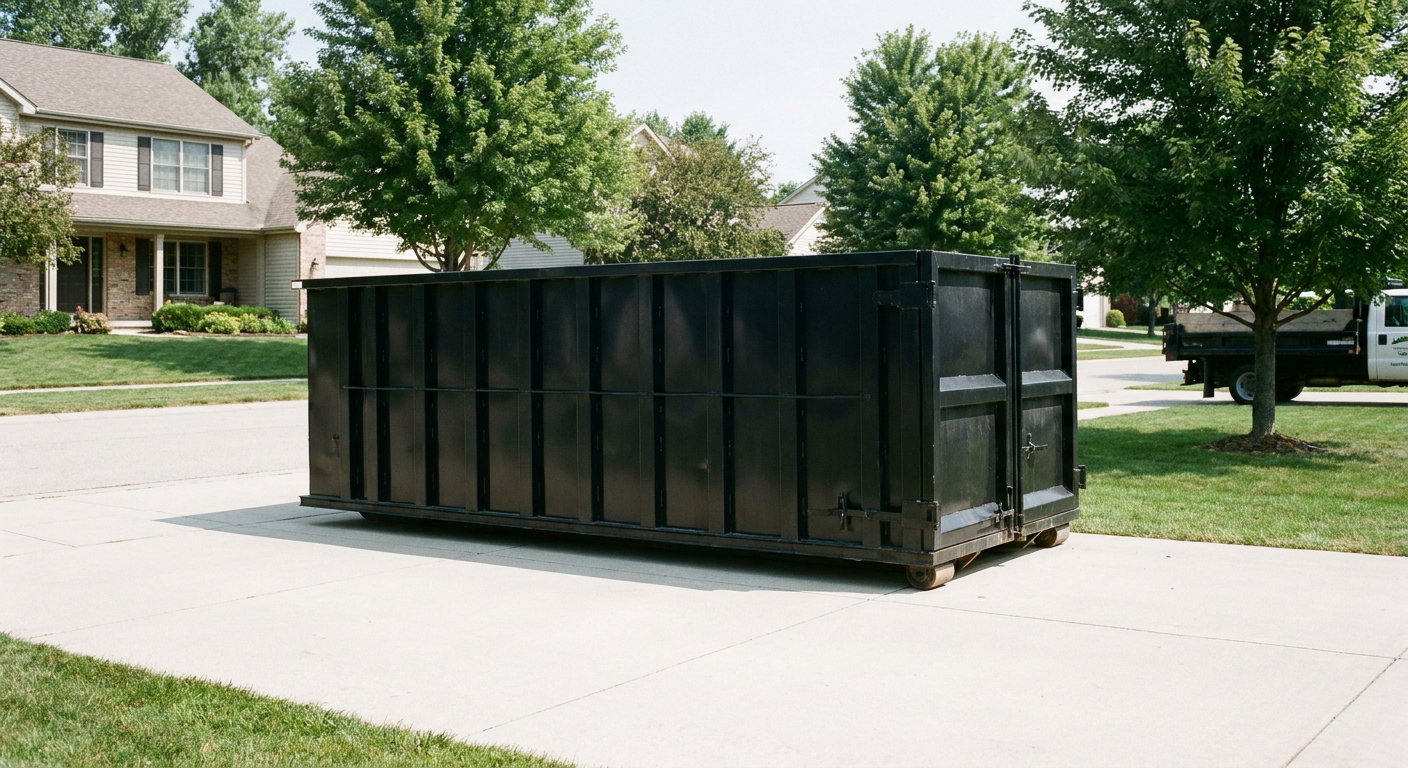 Matte-black 20-yard roll-off dumpster sitting level on a clean Wichita Falls residential concrete driveway under bright daylight, demonstrating clean placement directly on the concrete.