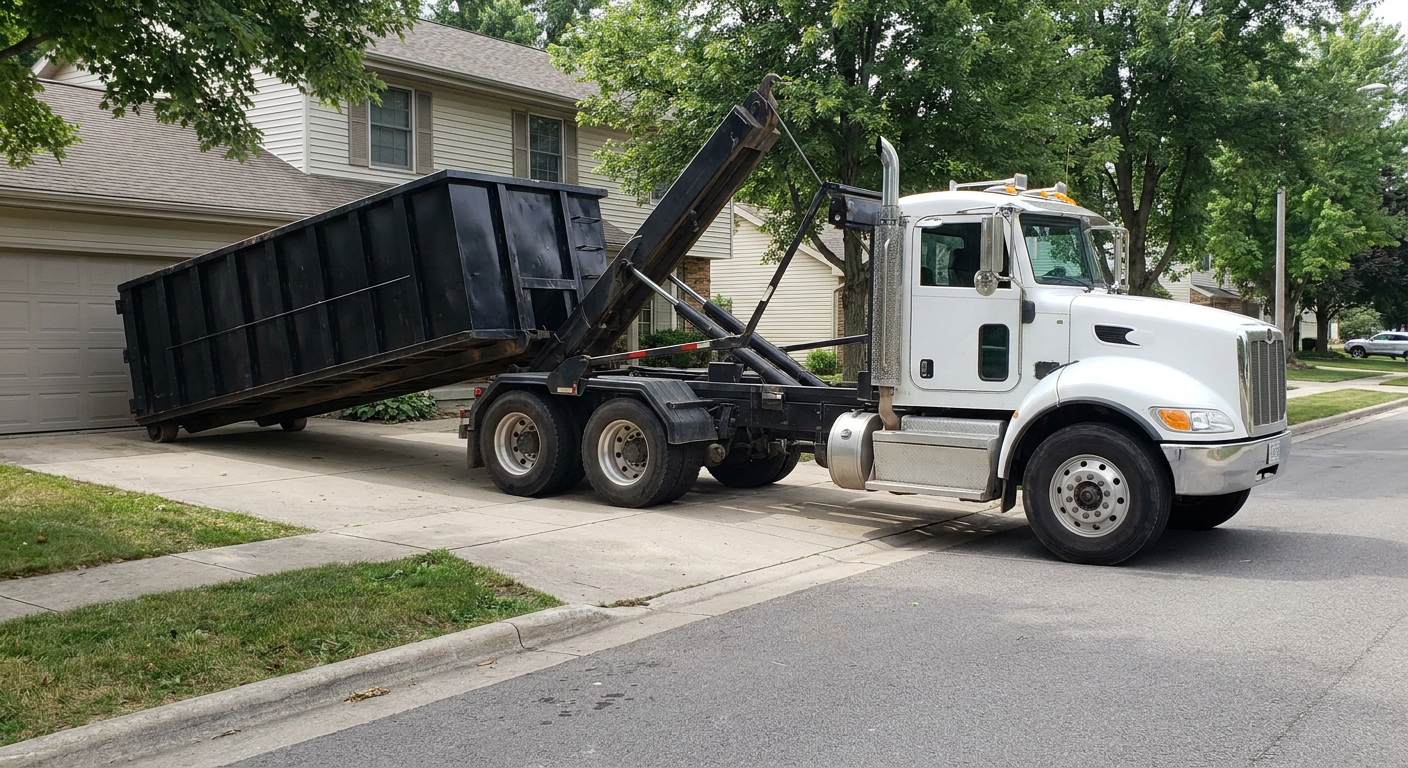White-cab hooklift roll-off truck actively lowering a matte-black dumpster onto a Wichita Falls residential concrete driveway, the dumpster's rear wheels touching the driveway as the hoist arm tilts the bed forward, mid-morning daylight.