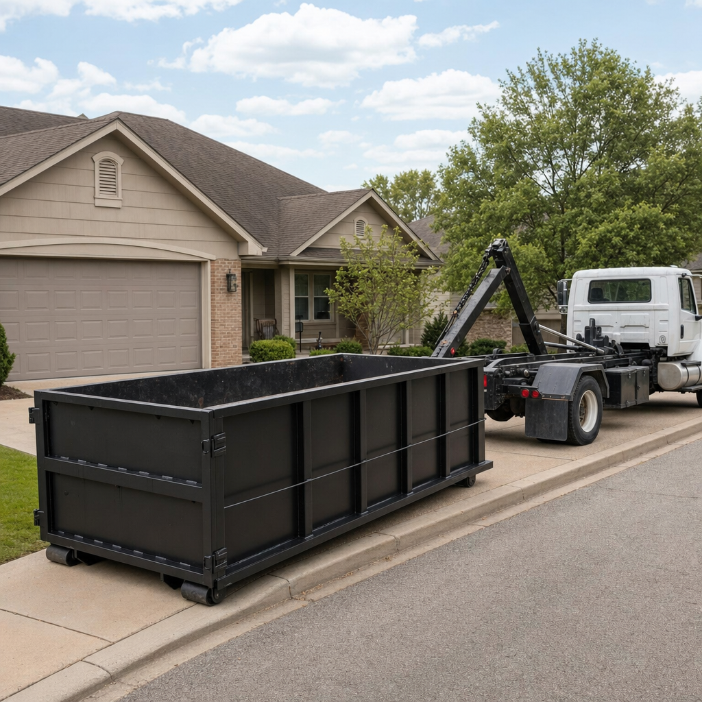 Wide documentary shot of a matte-black roll-off dumpster on a Wichita Falls residential driveway in the foreground and a contractor jobsite container in the soft-focus background, bright daylight, calm and orderly composition.