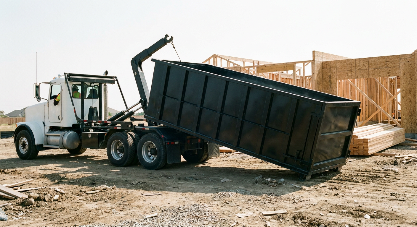 Matte-black roll-off dumpster being delivered onto a clean residential concrete driveway in Wichita Falls by an unmarked white hooklift hauler truck, bright morning daylight, documentary 35mm perspective.