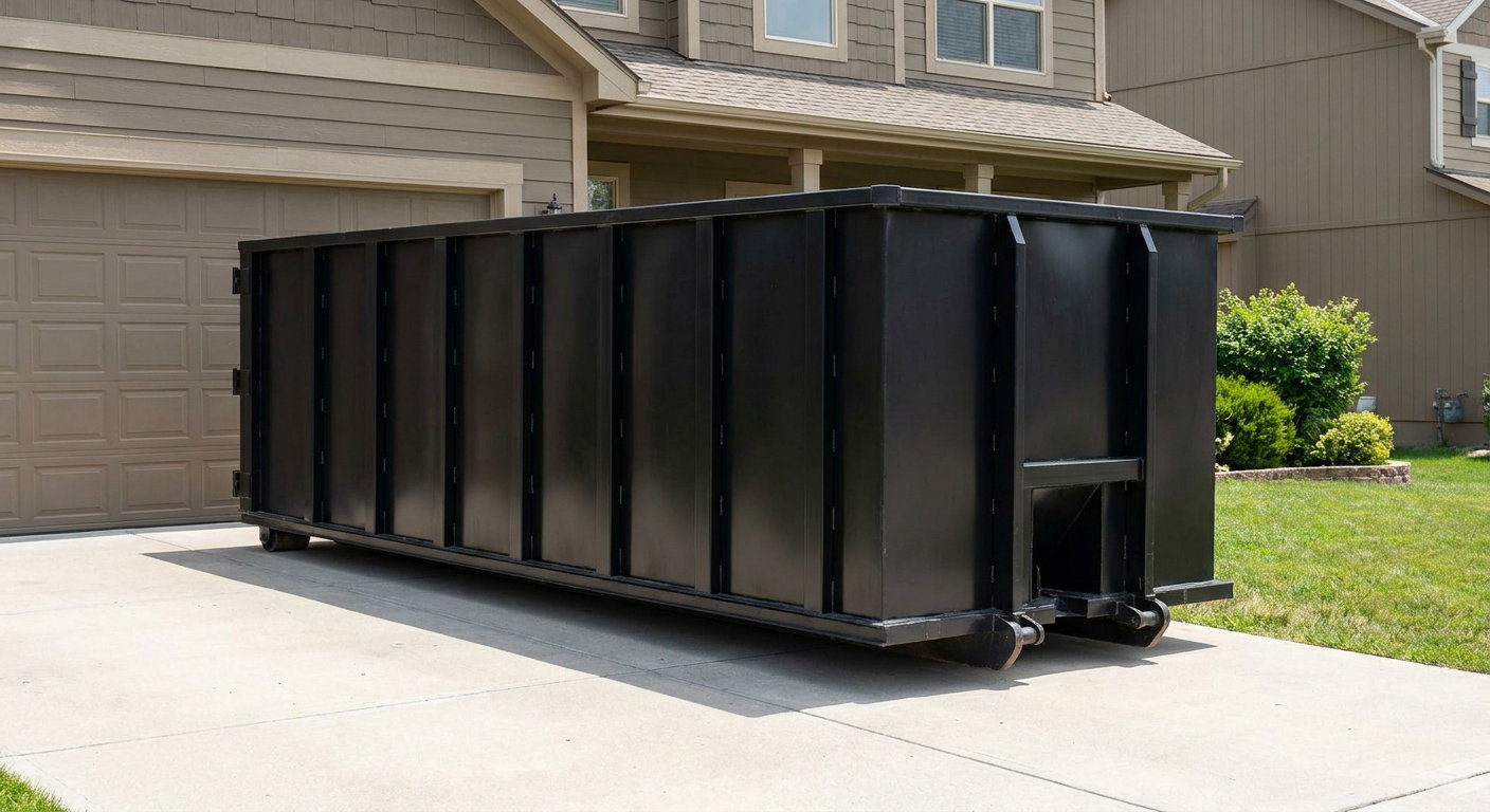 Matte-black residential roll-off dumpster sitting directly on a suburban Wichita Falls concrete driveway, garage door closed, single-family home in background, bright morning daylight.