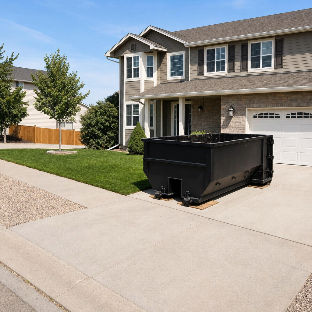 10-yard matte-black residential dumpster placed directly on a narrow Wichita Falls concrete driveway, room remains for a parked sedan beside it, mid-morning natural light