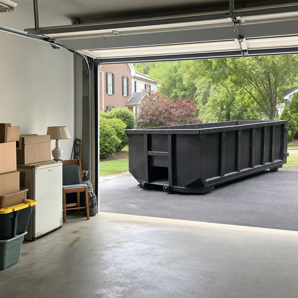 Open garage interior in a Wichita Falls home mid-cleanout — boxed items, an old appliance, and stacked yard tools queued near the driveway for a matte-black roll-off dumpster, organized and calm