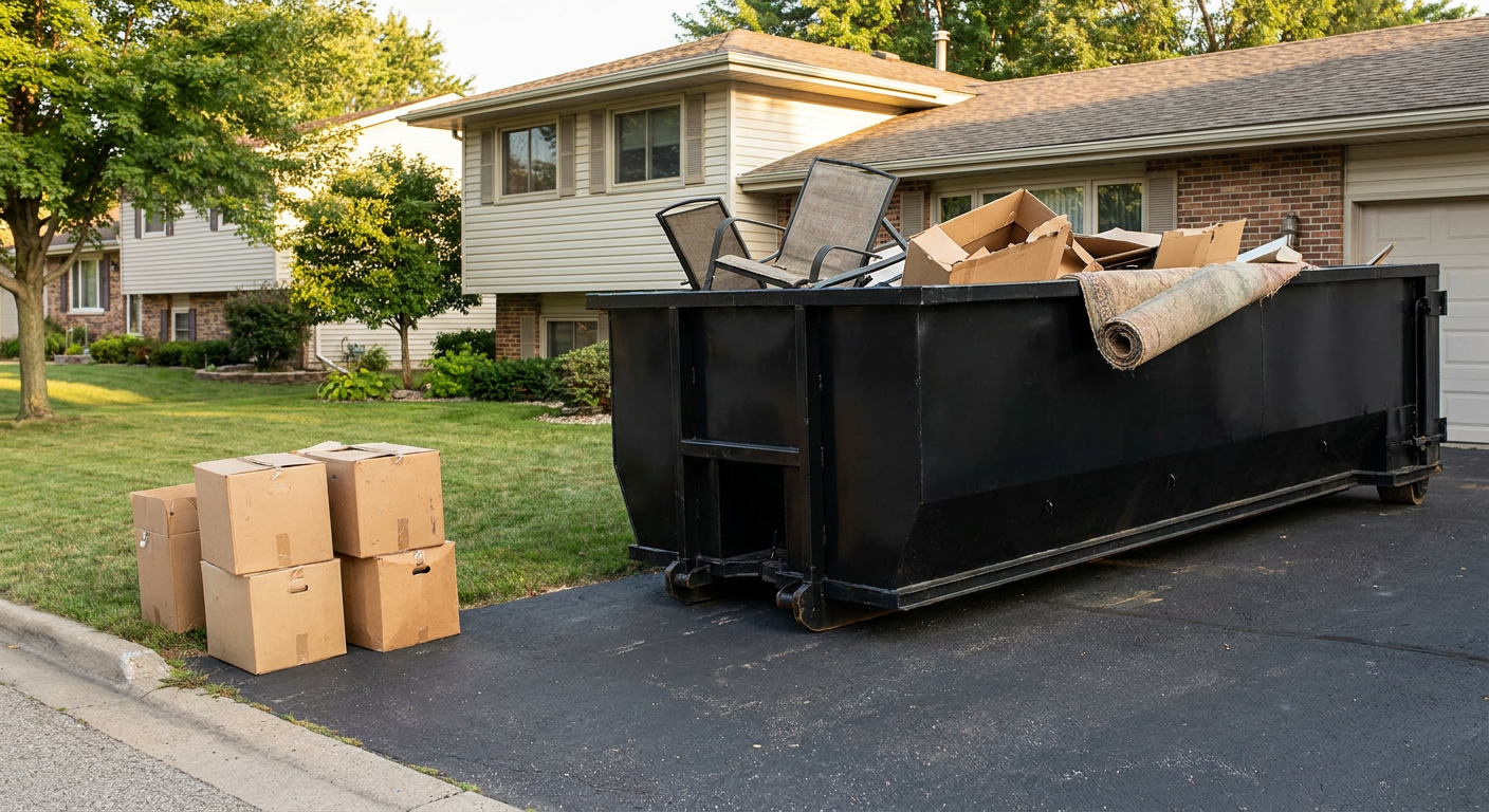 Front-yard view of a Wichita Falls split-level home with a 20-yard matte-black roll-off dumpster sitting directly on the asphalt driveway, a few clearly labeled donation boxes staged at the curb, calm sunny afternoon.