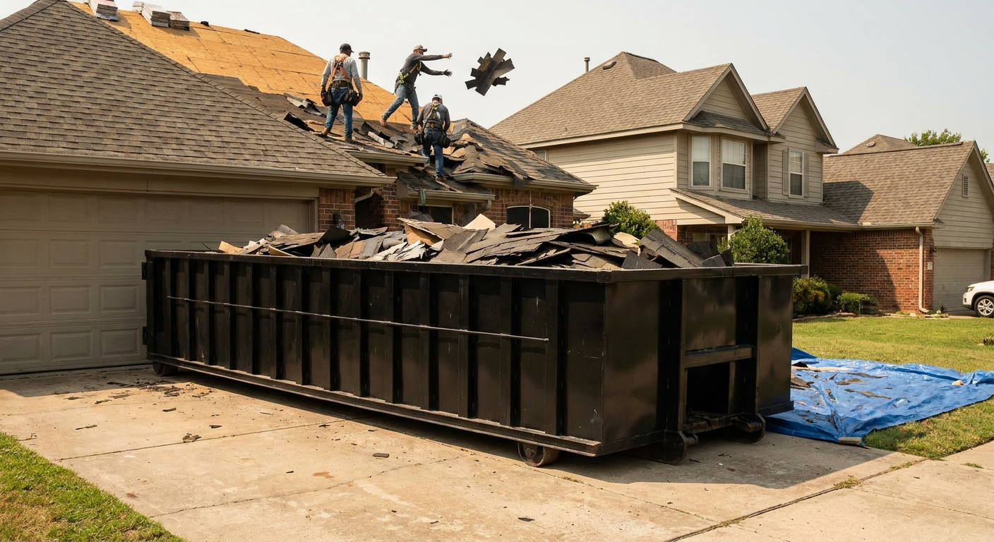 Matte-black roofing roll-off dumpster placed directly on a Wichita Falls residential concrete driveway, a tear-off crew on a two-story asphalt-shingle roof tossing shingle bundles into the low-walled container, bright daylight, documentary 35mm perspective.