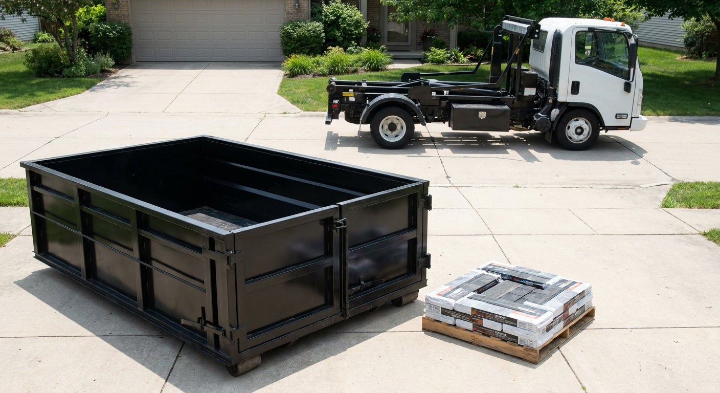 Matte-black 15-yard roofing roll-off dumpster with reinforced low side walls sitting directly on a Wichita Falls residential concrete driveway, three-tab asphalt shingle bundles stacked nearby, an unmarked white hauler truck partially visible at the edge of the frame.