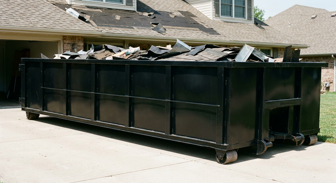 Matte-black 20-yard roofing roll-off dumpster with steel ribbed sides and swinging rear door, sitting directly on the concrete driveway of a two-story Wichita Falls home, asphalt shingle debris being loaded over the low wall, clean documentary lighting.