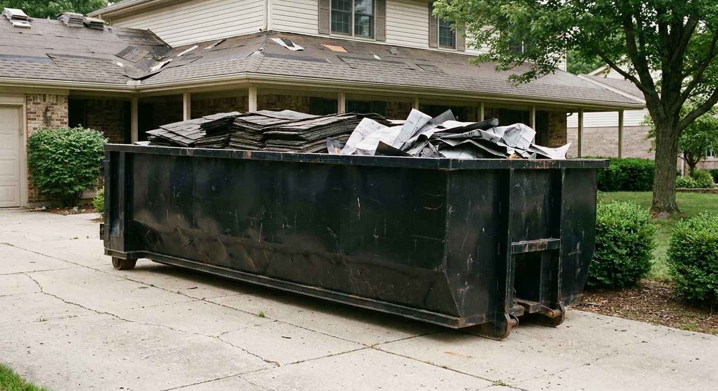 Matte-black 30-yard roofing roll-off dumpster sitting directly on a Wichita Falls concrete driveway, taller ribbed steel side panels, mixed tear-off debris of asphalt shingles and underlayment inside, professional documentary daylight.
