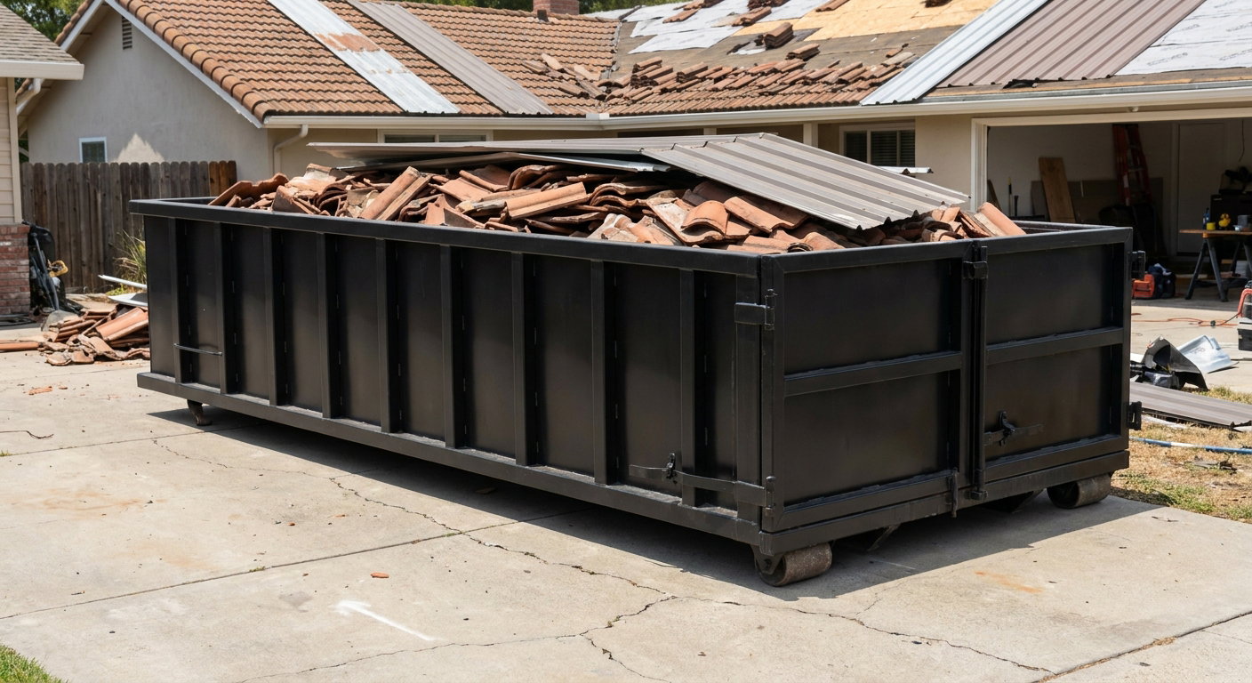 Matte-black low-wall heavy-debris roofing roll-off dumpster sitting directly on a Wichita Falls concrete driveway, broken concrete clay roof tiles and metal panel sections loaded inside, reinforced ribbed steel side walls visible, bright outdoor daylight.