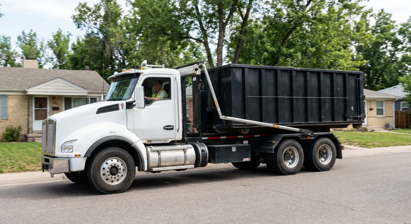 A wide documentary shot of a matte-black roll-off delivery truck pulling onto a quiet Wichita Falls residential street at mid-morning, with neighborhood rooftops and tree-lined blocks visible behind, showing the metro coverage footprint.