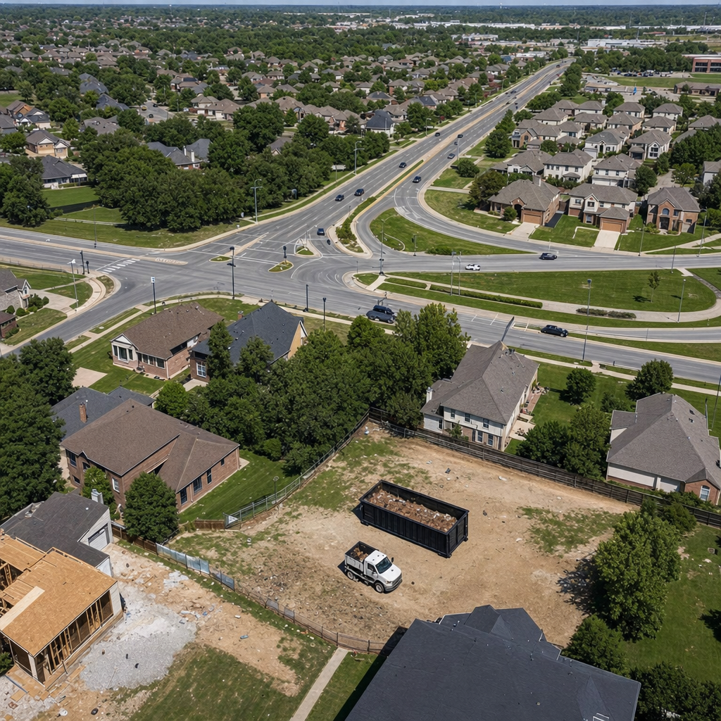 An overhead documentary view of the Wichita Falls metro area at midday, showing the spread of neighborhoods, arterial roads, and the dispatch radius from a central yard — clean daylight, organized geographic layout.