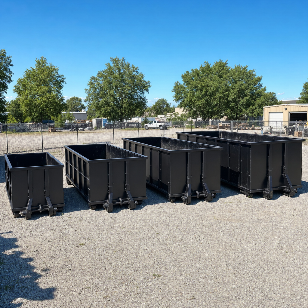 A clean lineup of matte-black roll-off dumpsters in 10, 20, 30, and 40-yard sizes staged on a sunlit gravel yard in Wichita Falls, showing the size progression from compact to commercial-scale containers.