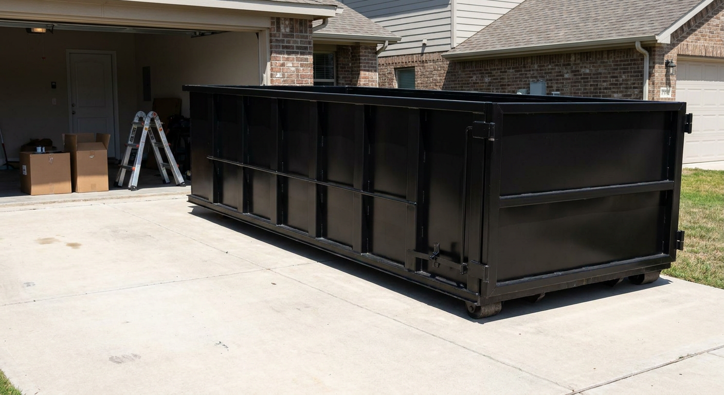 A matte-black 10-yard roll-off dumpster sitting directly on a residential Wichita Falls concrete driveway, mid-day sunlight, clean and ready for a garage cleanout.
