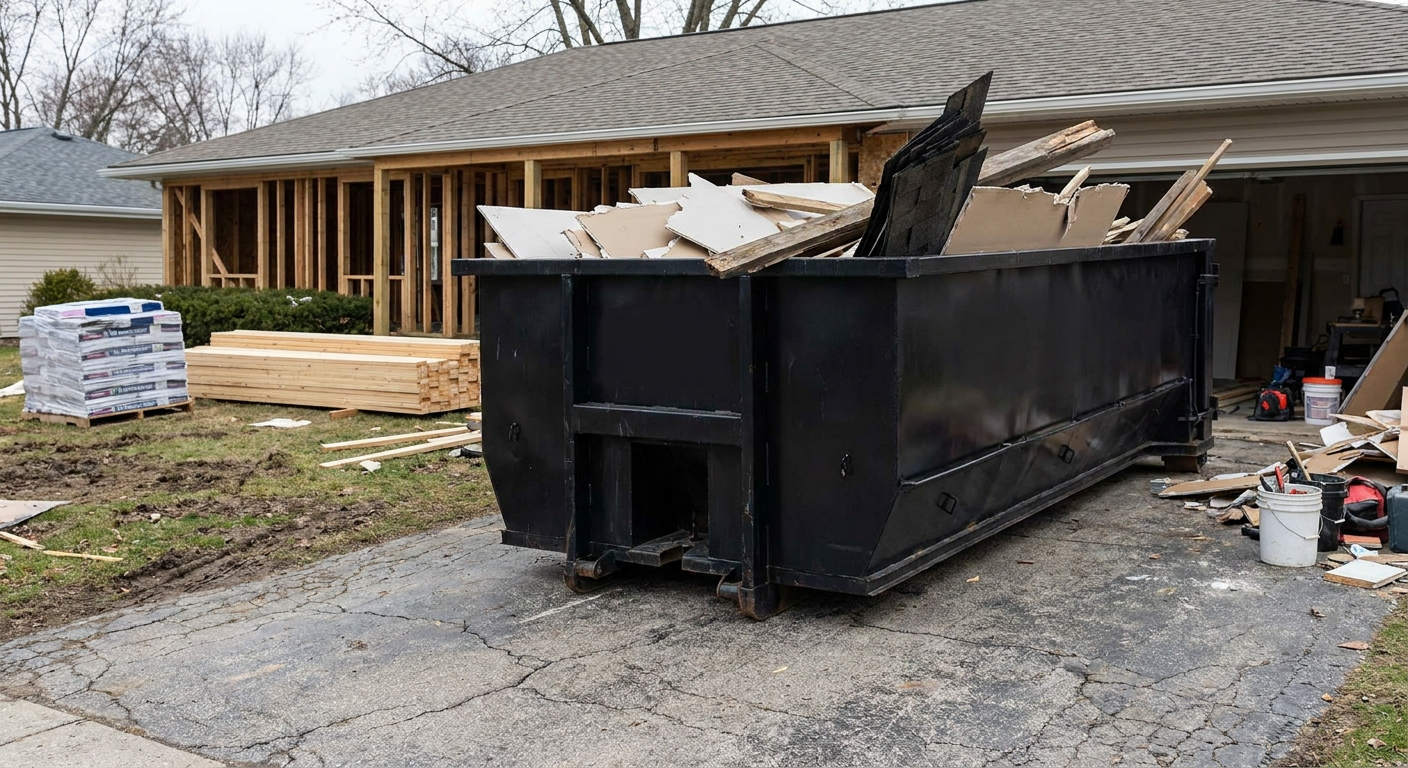 A matte-black 20-yard roll-off dumpster placed alongside a mid-renovation Wichita Falls home directly on the asphalt driveway, with framing materials and torn-off shingles staged neatly nearby.