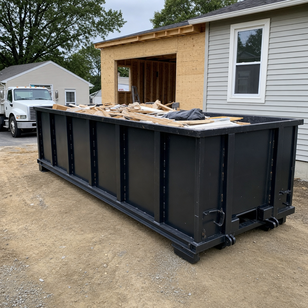 A matte-black 30-yard roll-off dumpster positioned at a Wichita Falls residential addition jobsite, with framing lumber and drywall scraps loaded through the open swinging rear doors.