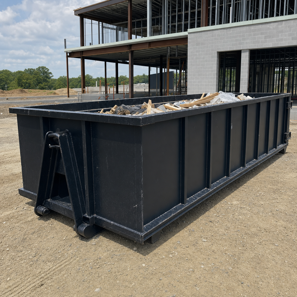 A matte-black 40-yard roll-off dumpster staged on a large Wichita Falls commercial construction lot, with a hooklift delivery truck parked alongside under bright midday sky.
