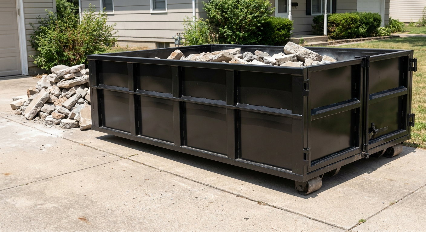 A matte-black low-side heavy-debris roll-off dumpster placed directly on a Wichita Falls concrete driveway, with broken concrete chunks neatly stacked beside it under clean daylight.
